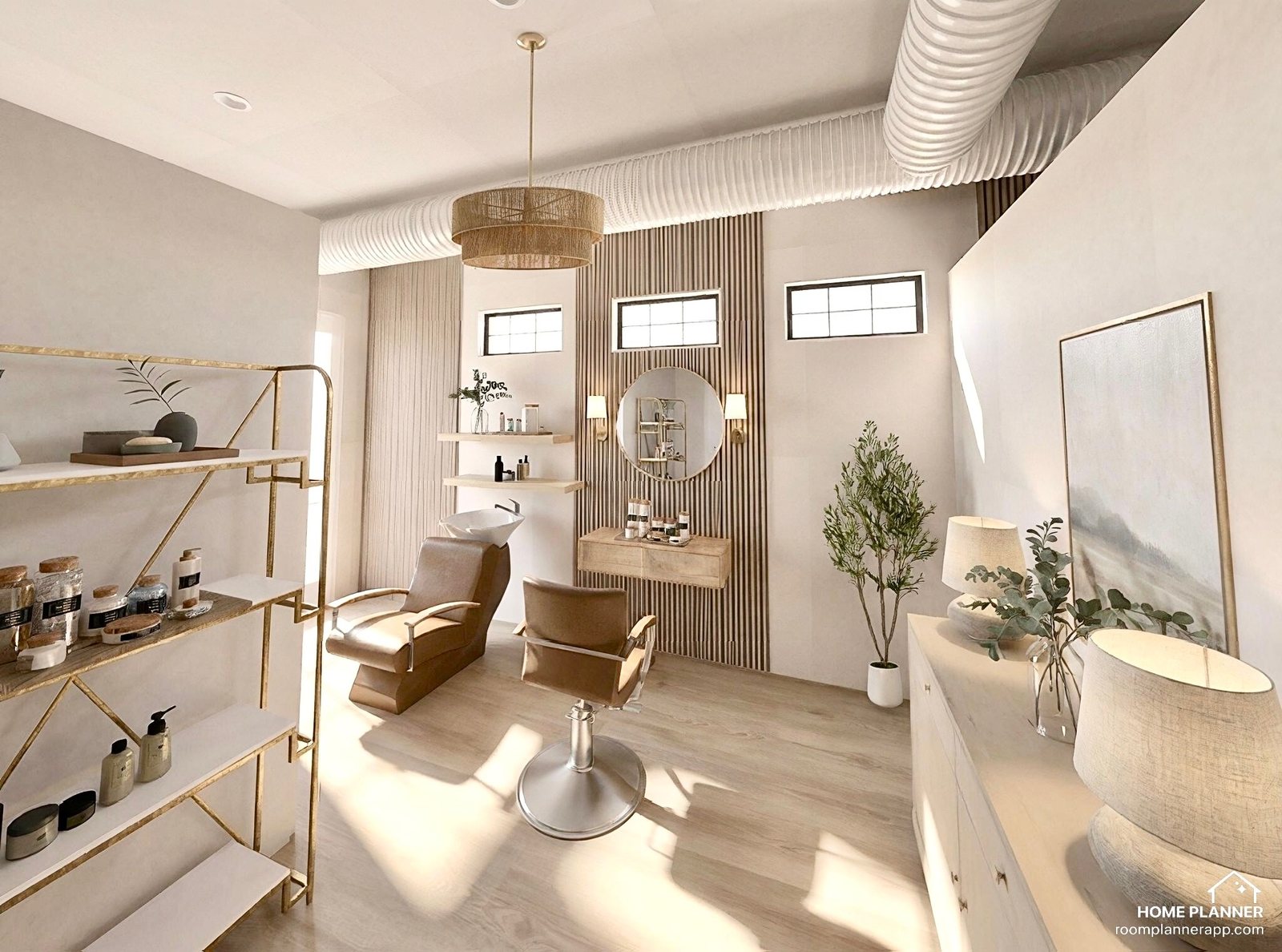 Warm modern private salon suite with two styling chairs