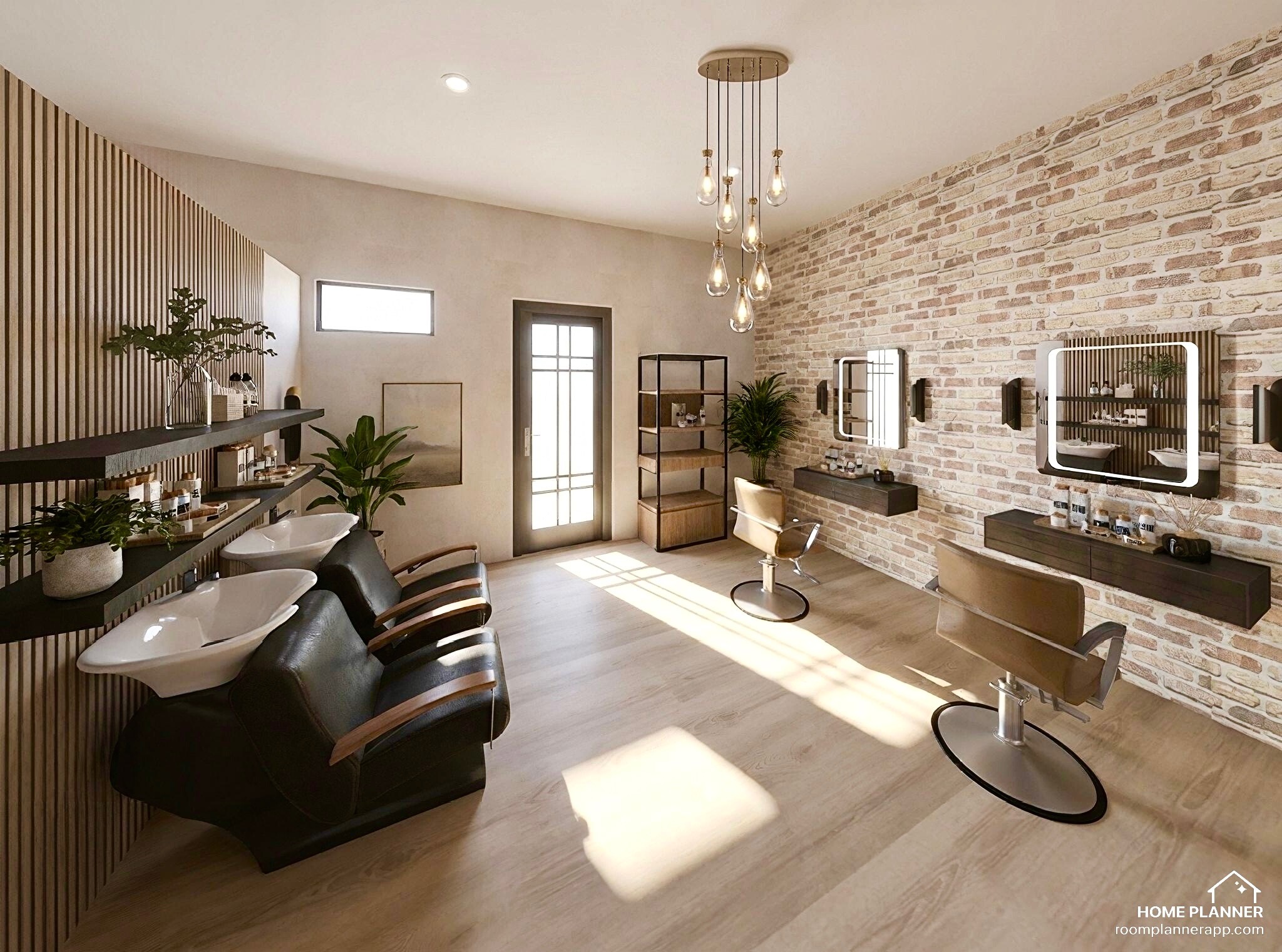 Salon suite with brick wall and double styling stations