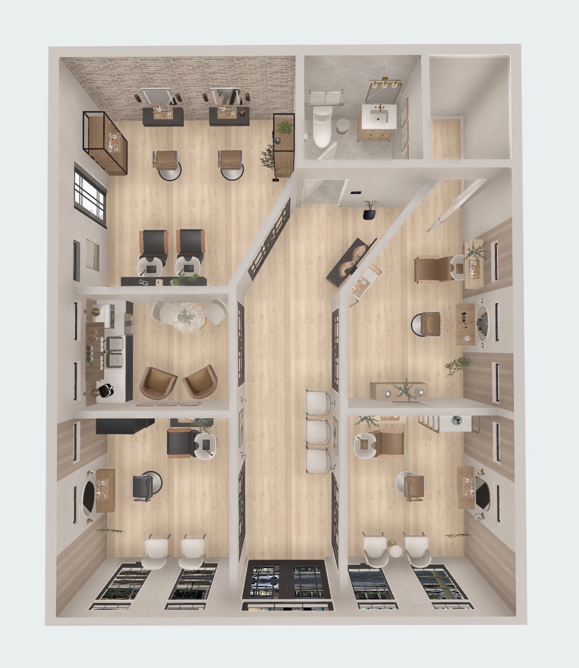 Floor plan of The Suites at Adair showing four private salon suites and the breakroom