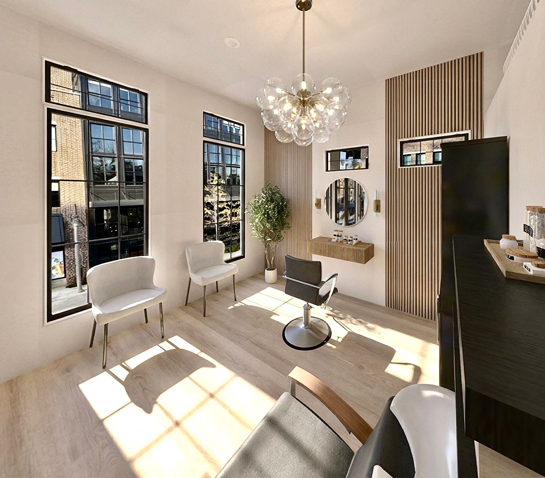 Warm, refined salon suite interior